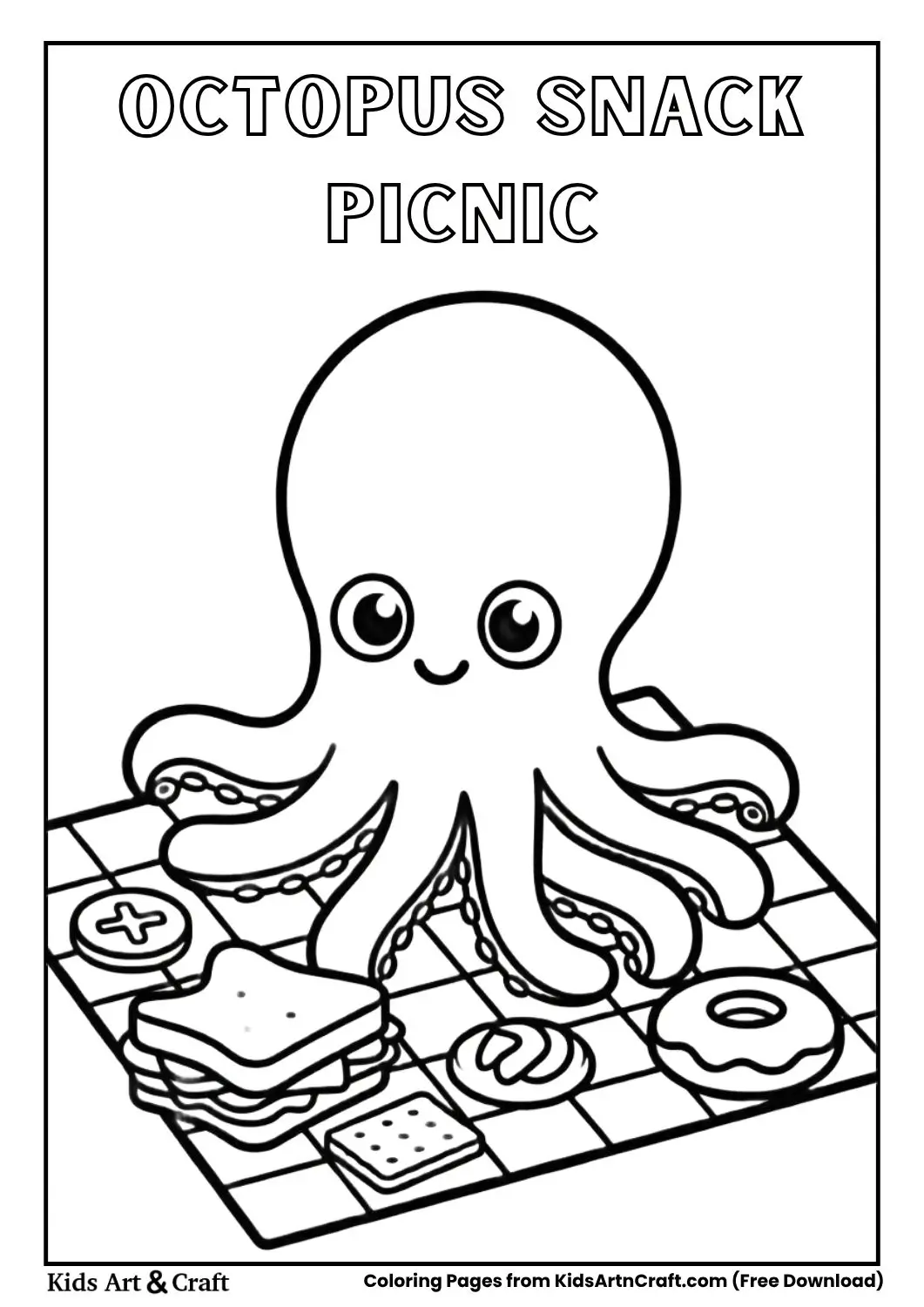 Octopus sitting with snacks picnic coloring page