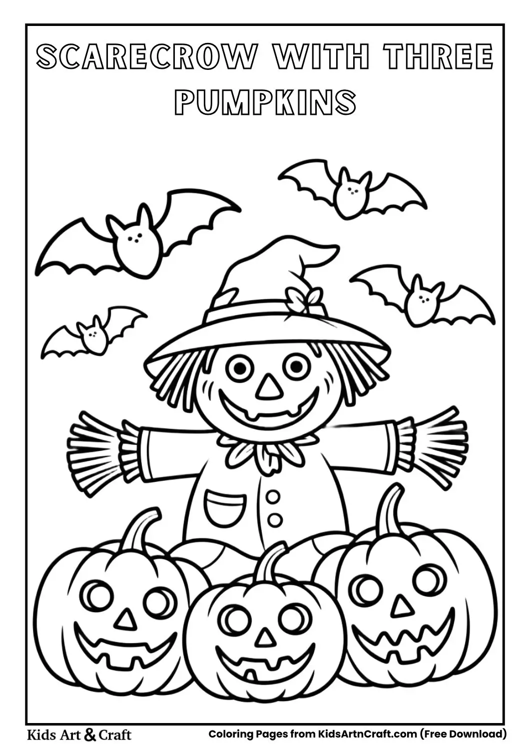 Cute scarecrow sitting with three pumpkins Halloween coloring page