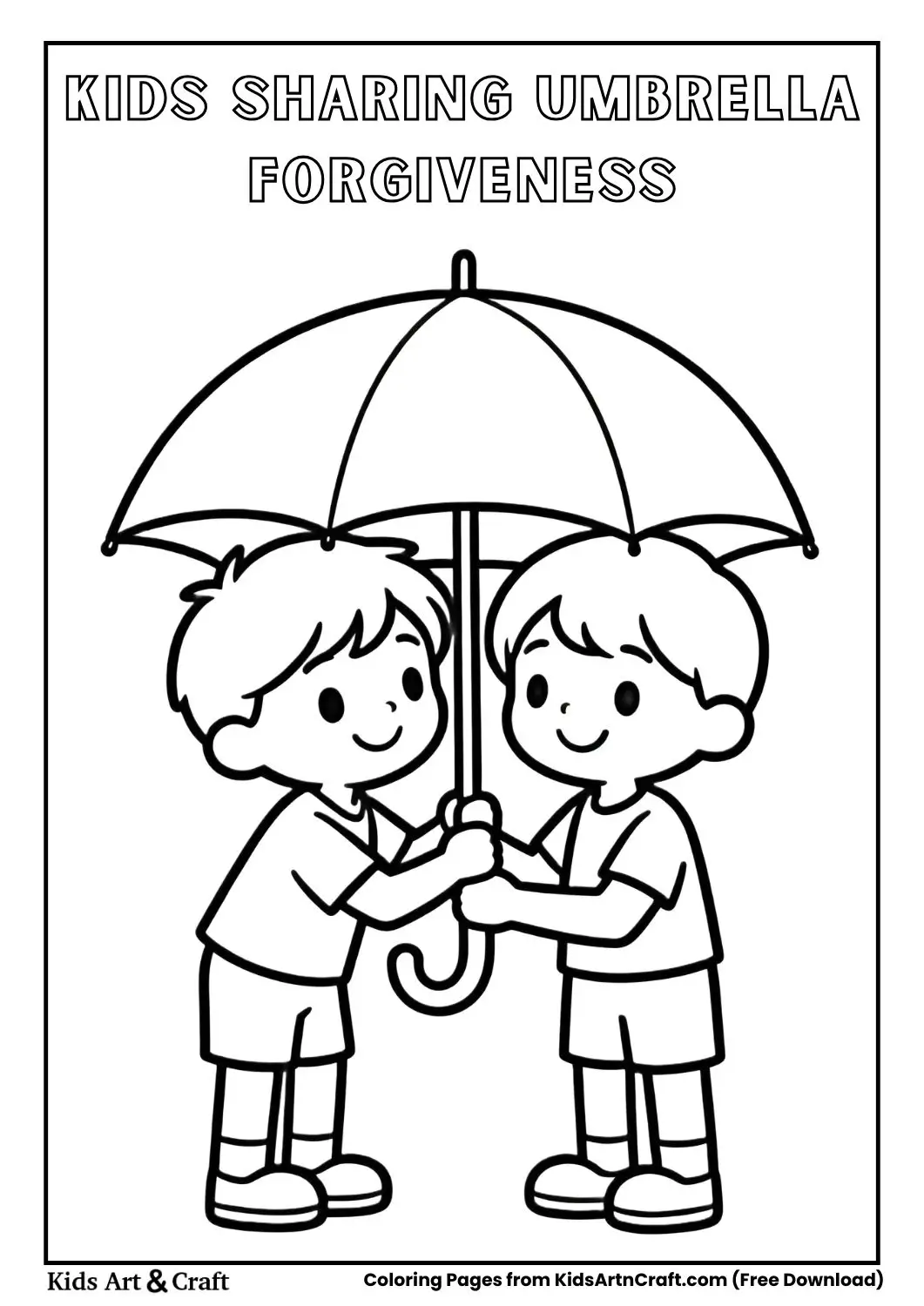 Kids sharing umbrella kindness forgiveness coloring page