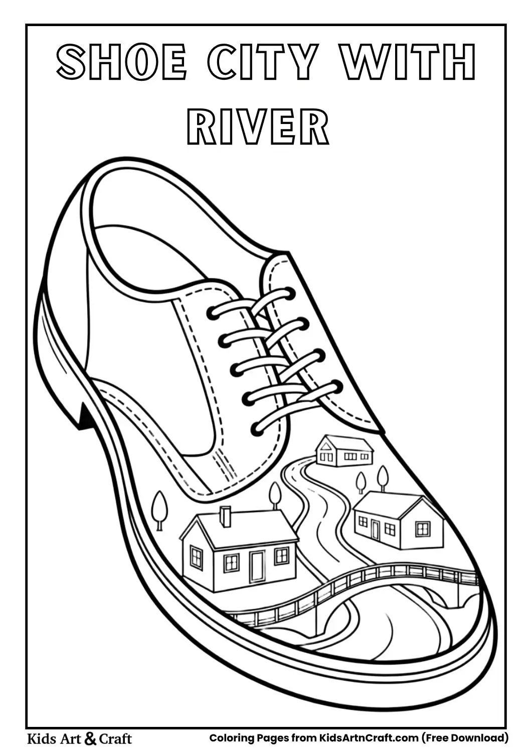 Shoe with a peaceful town and river inside black and white coloring page