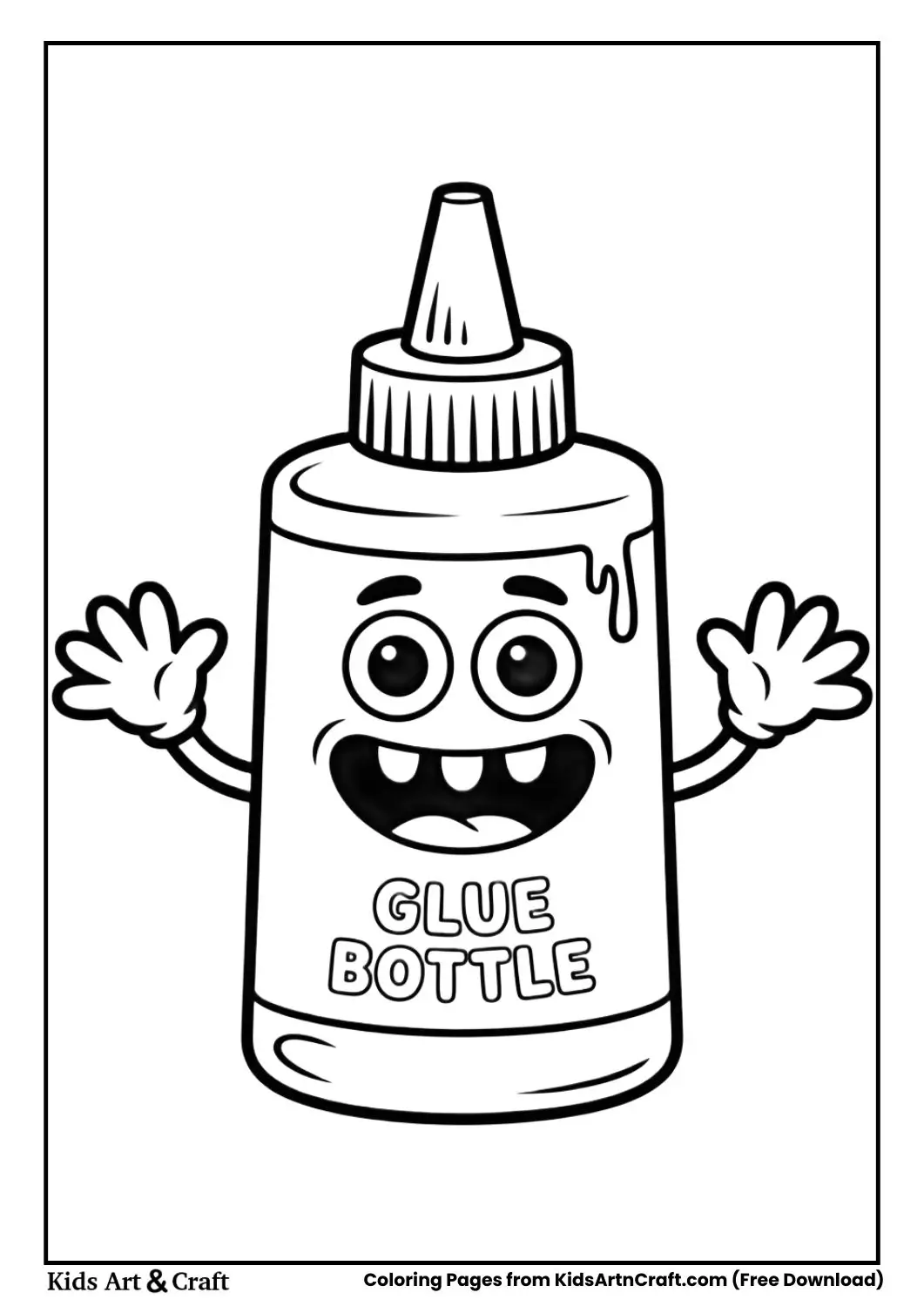 Funny glue bottle with sticky arms cartoon coloring page