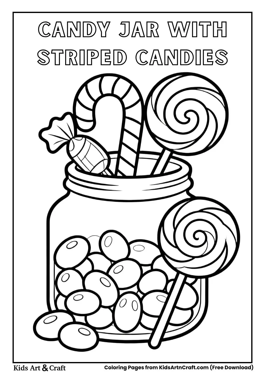 candy jar with striped candies and lollipops coloring page