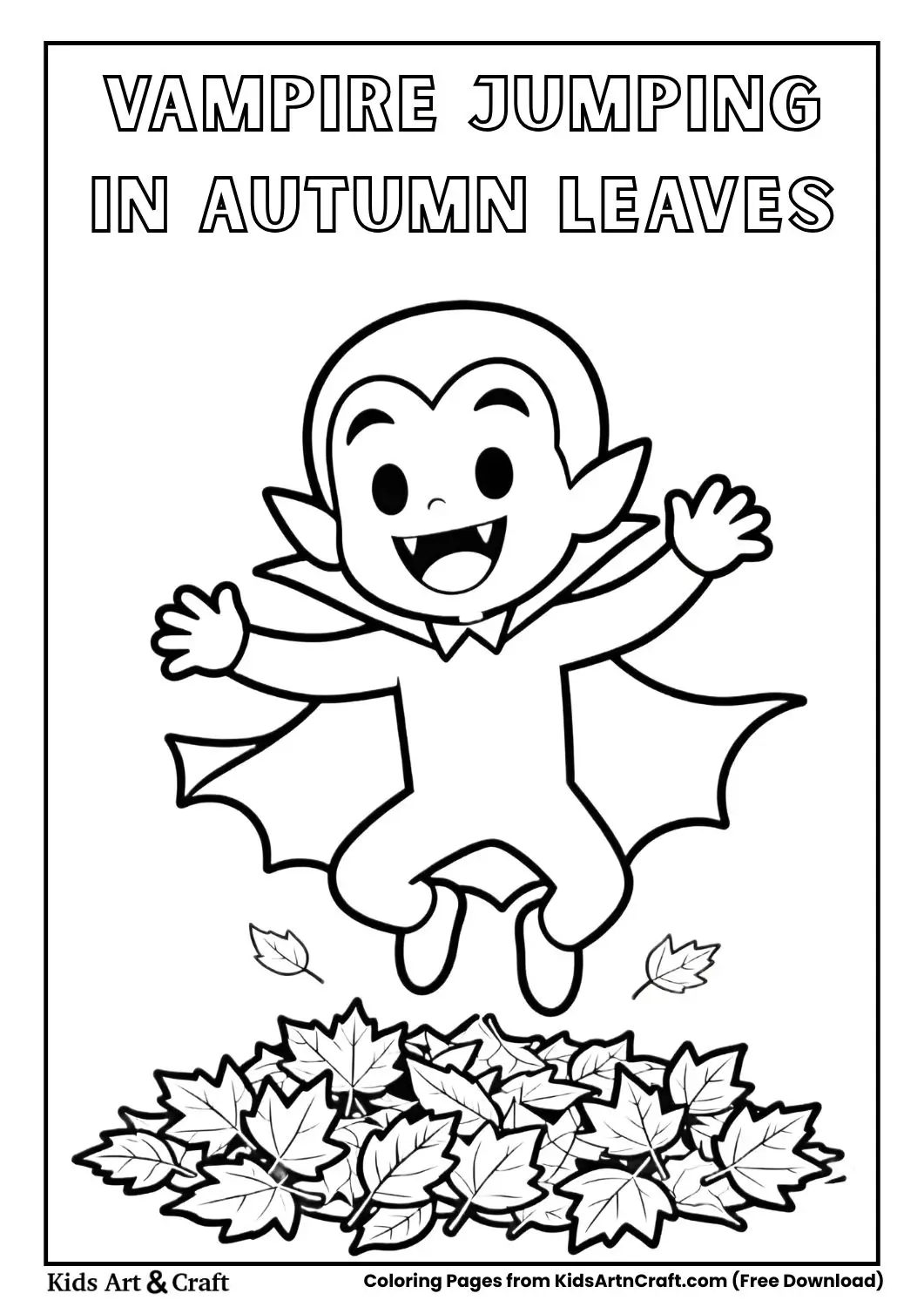 Cartoon vampire jumping in autumn leaves Halloween coloring page