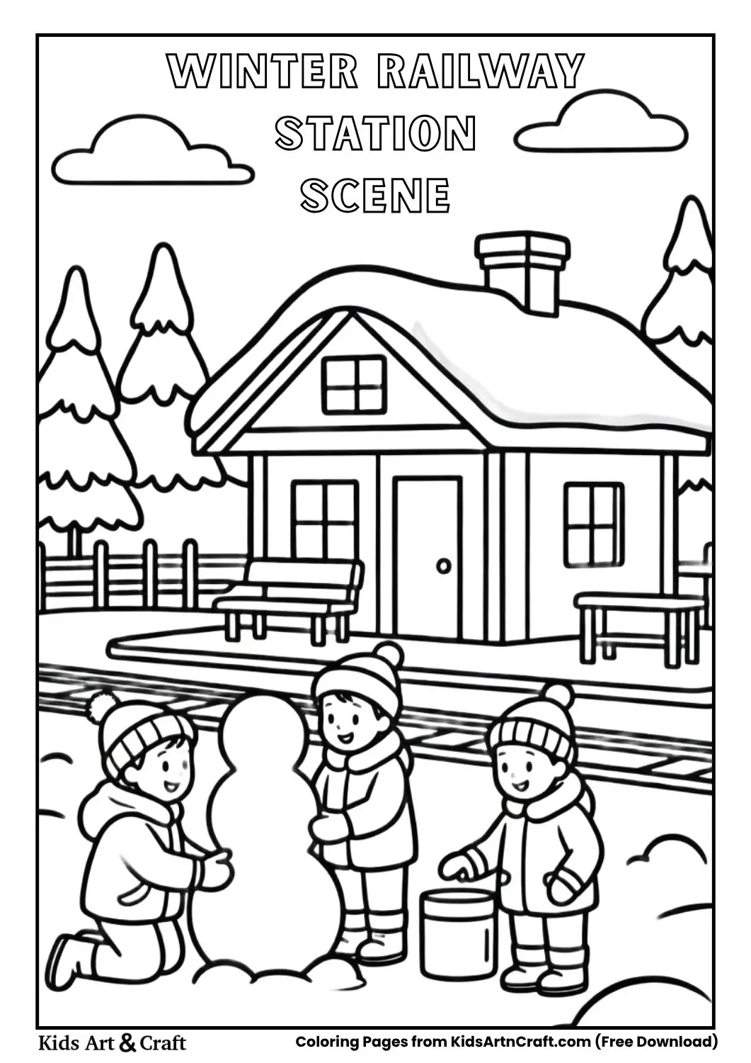 Snowy station with train and kids building snowman