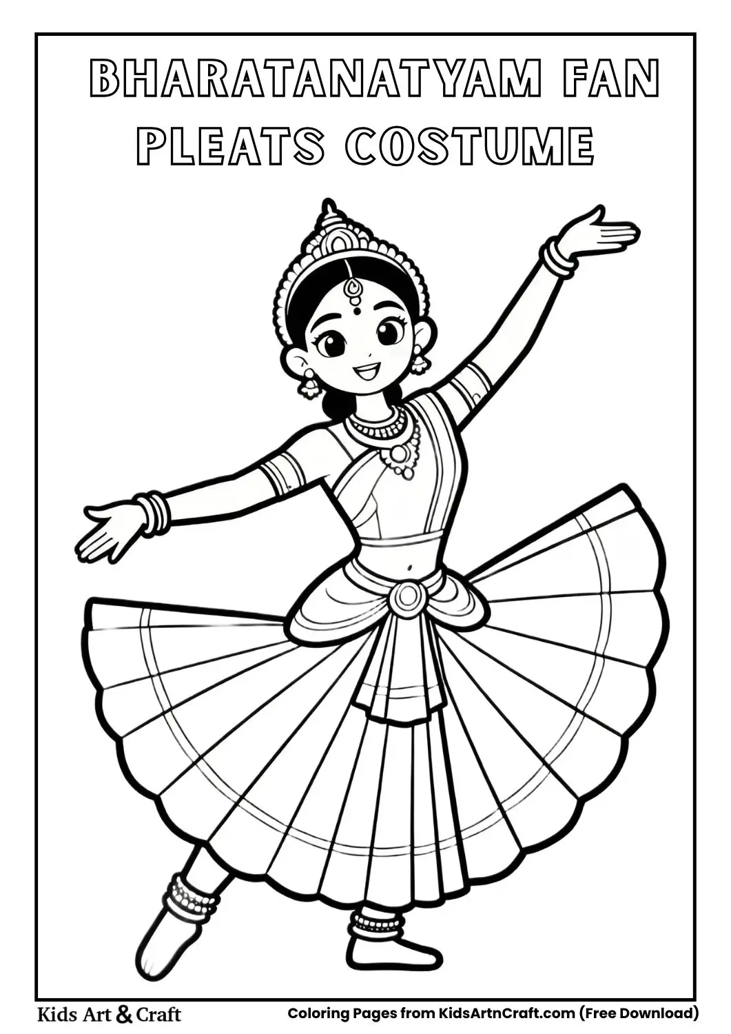 Bharatanatyam dancer fan shaped costume pleats coloring page