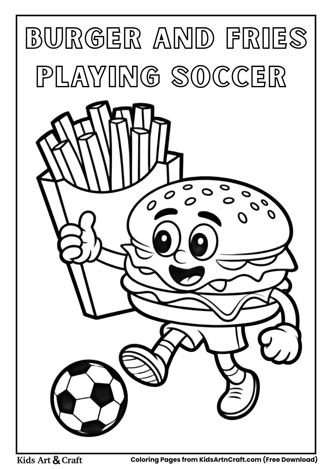 Cartoon burger and fries playing soccer coloring page