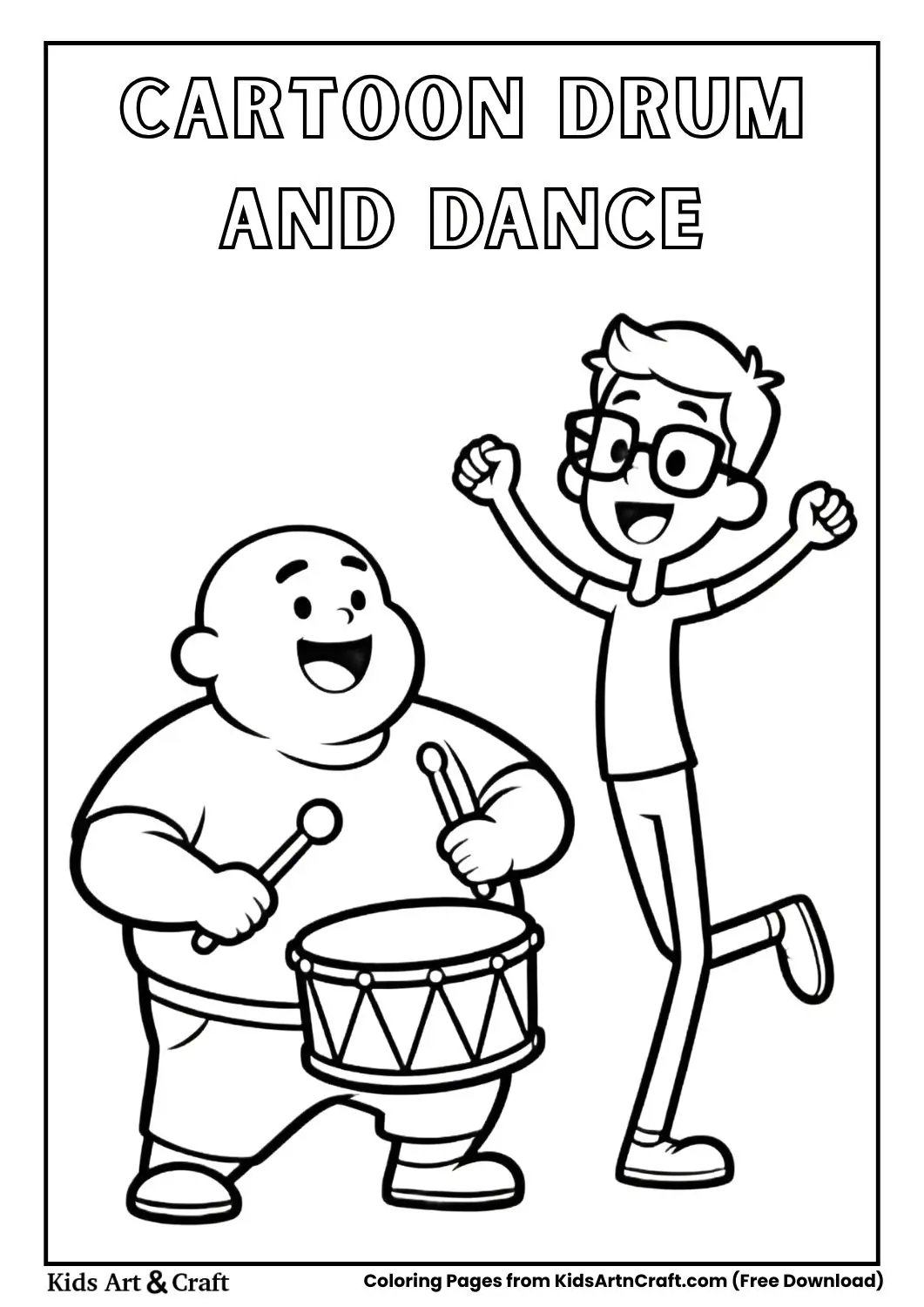 cartoon character playing drum friend dancing coloring page