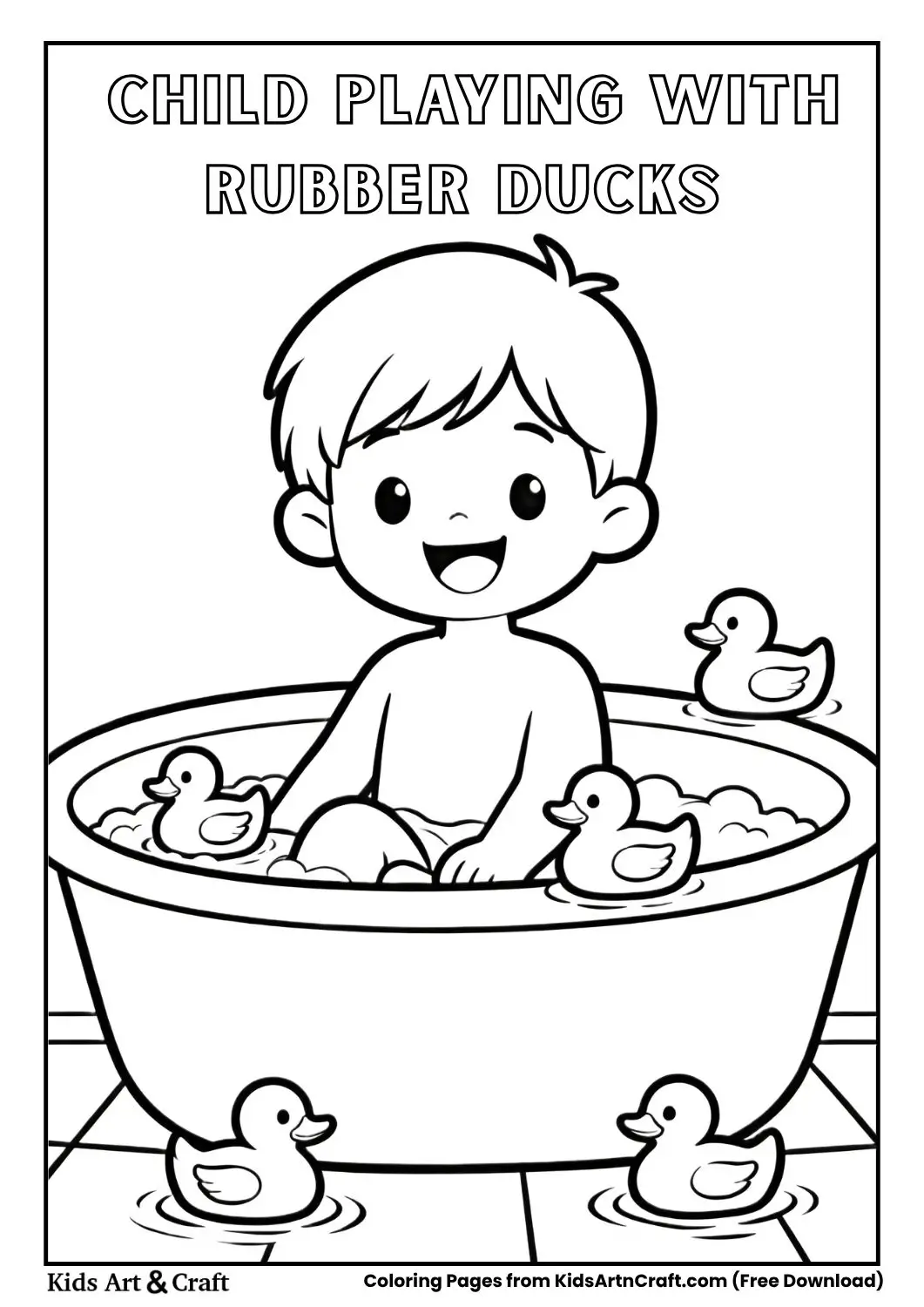 child playing with rubber ducks in water coloring page black and white