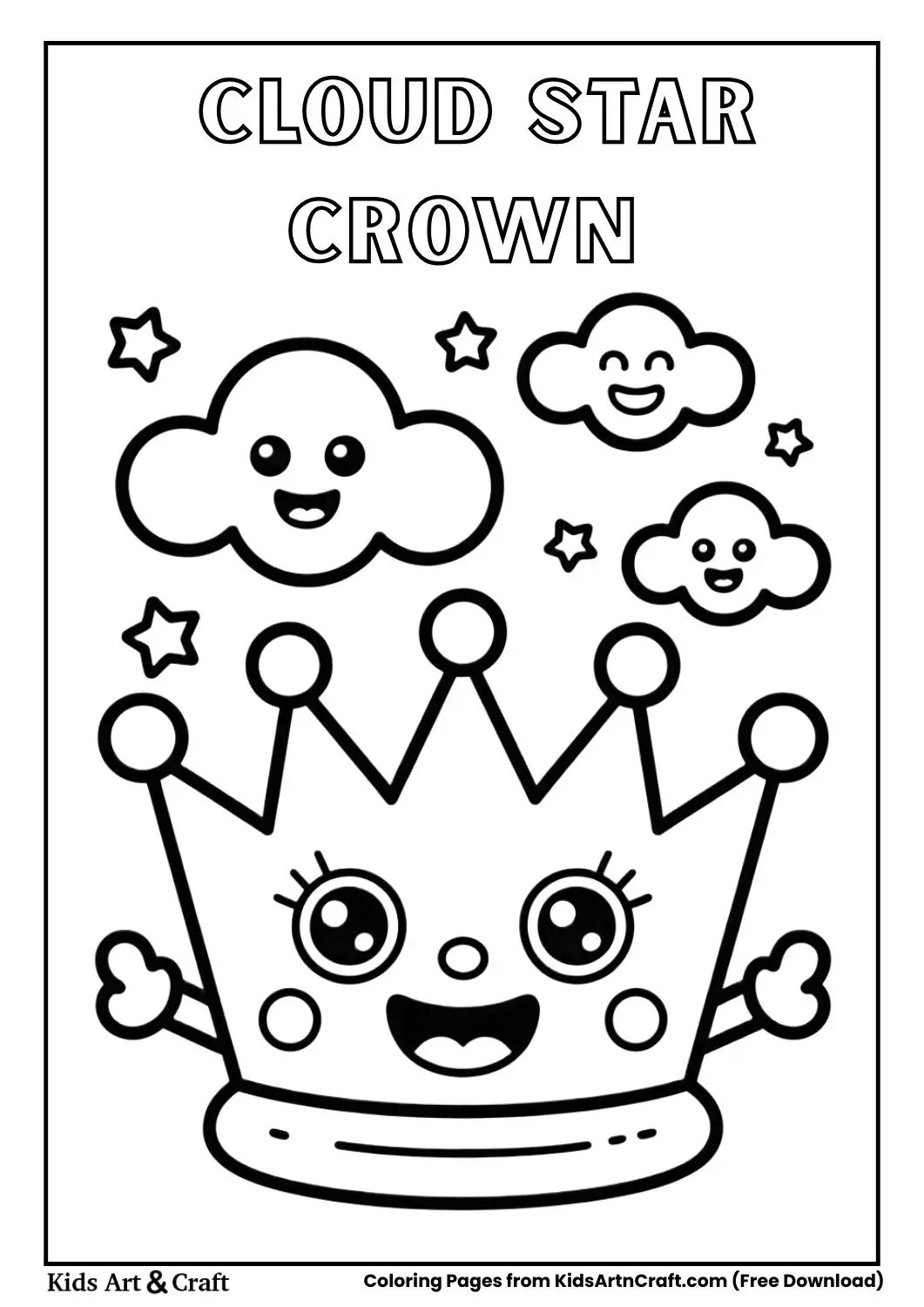 crown with smiling clouds and stars black and white coloring page