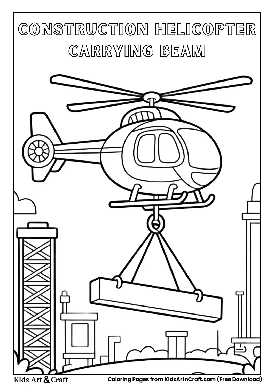 Construction helicopter carrying beam above building site black and white coloring page