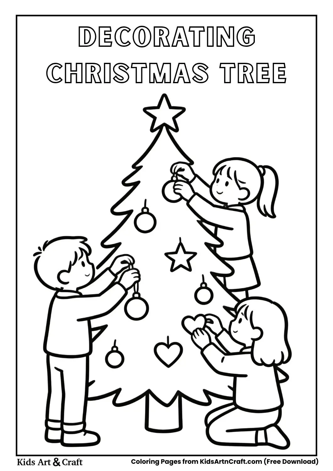 Kids decorating Christmas tree line art