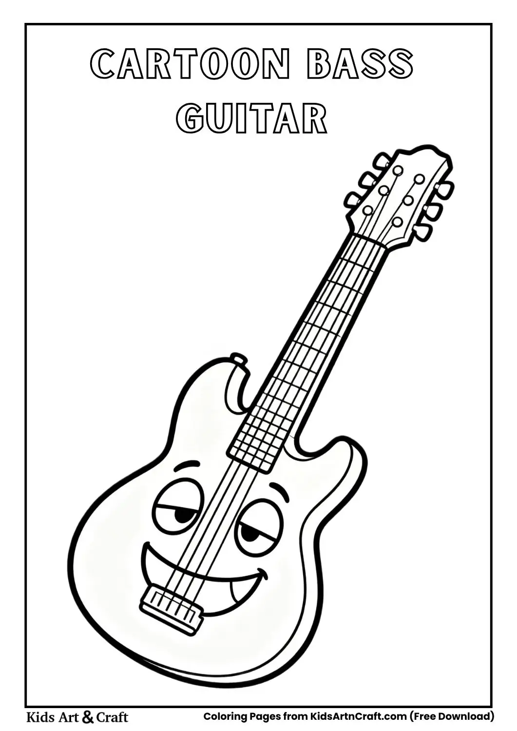 bass guitar with sleepy eyes and smile black and white coloring page