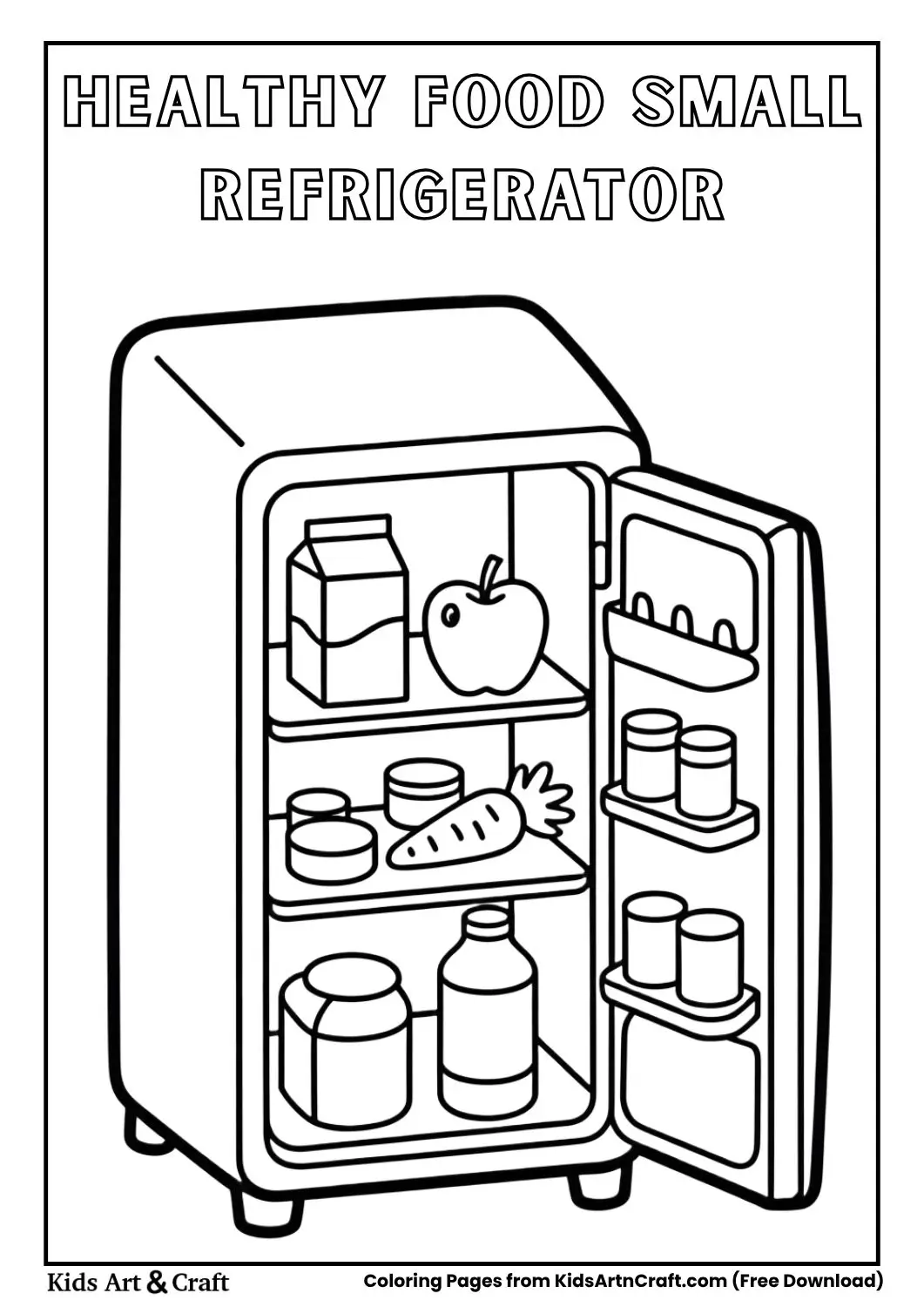 small refrigerator with healthy foods milk apple carrot and juice coloring page