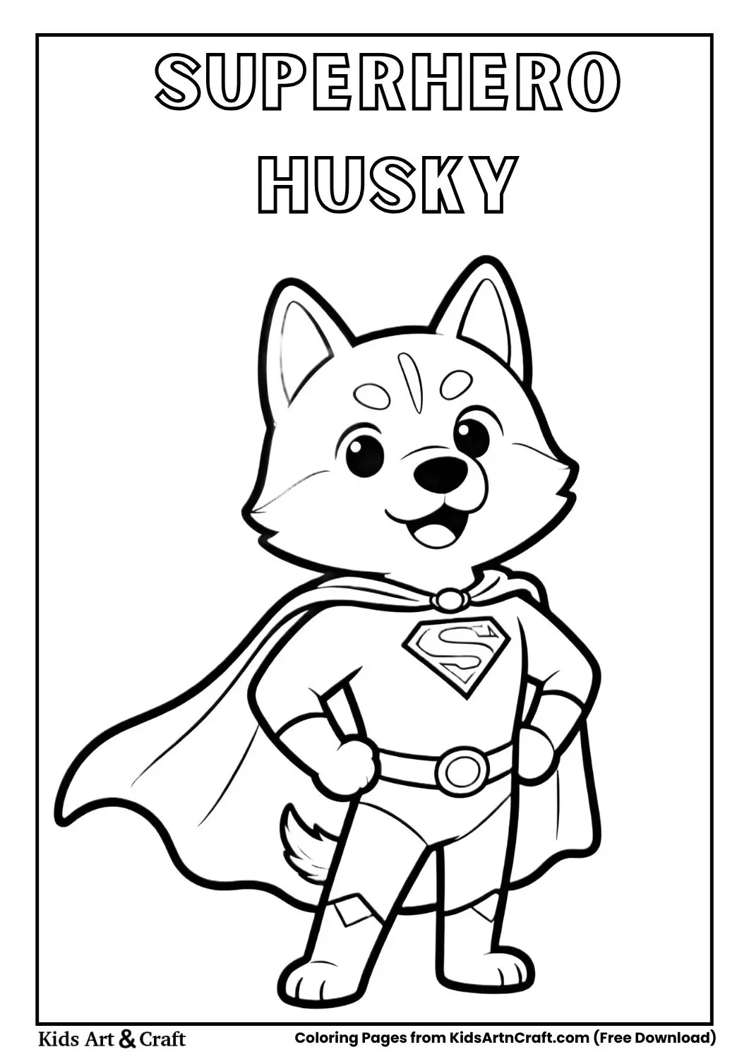 Husky wearing superhero cape coloring page