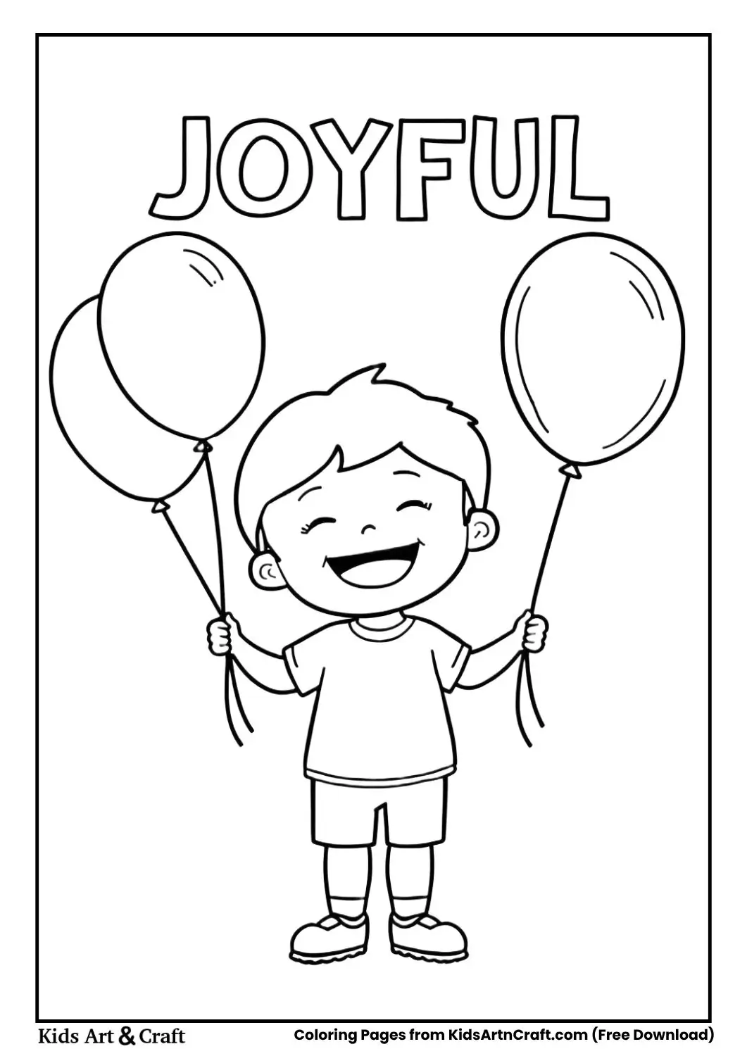Joyful kid emotion coloring page with laughing child holding balloons