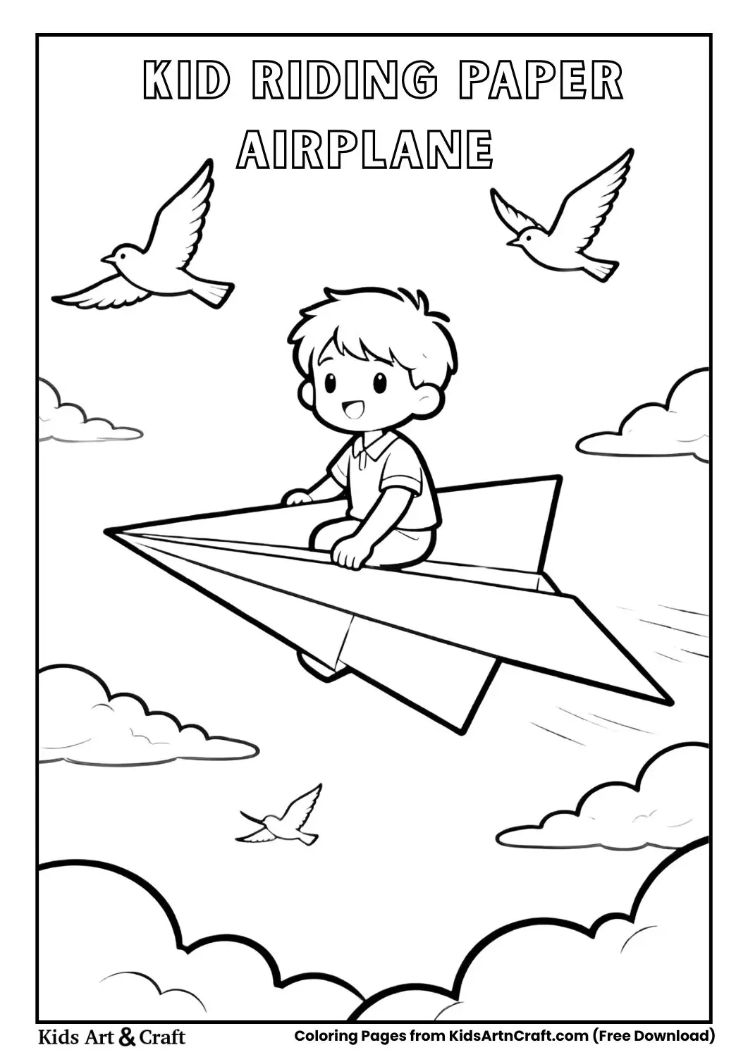 Kid riding a giant paper airplane through clouds coloring page.