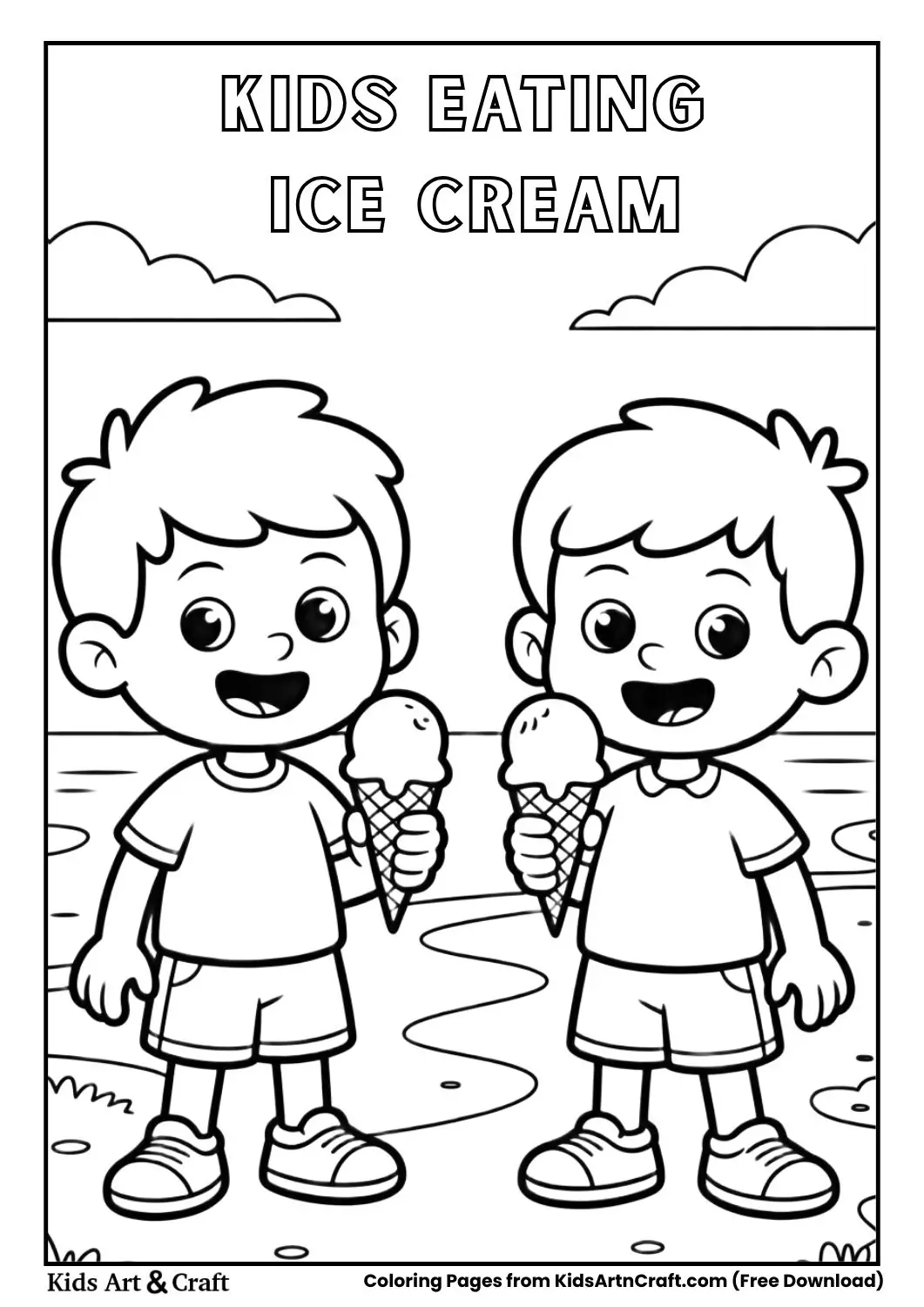 kids eating ice cream cones on beach coloring page