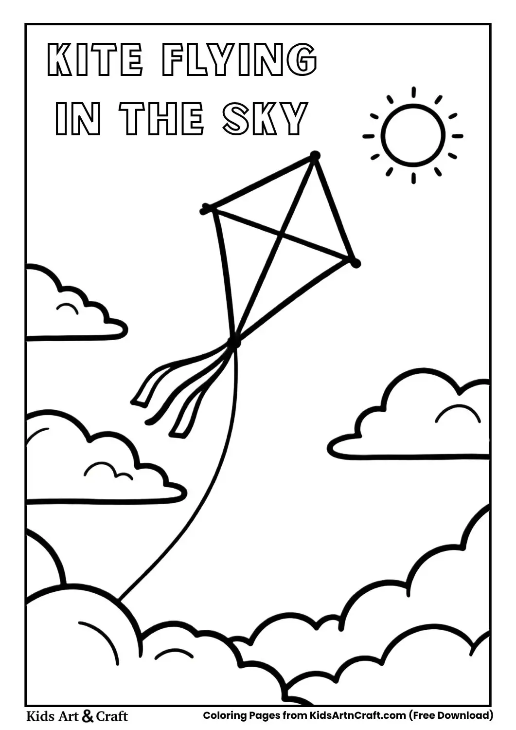 kite flying in the sky black and white coloring page for kids