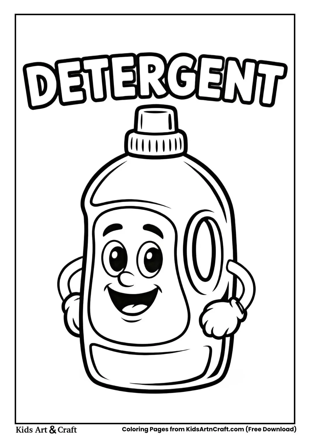 Cartoon detergent bottle coloring page labeled detergent