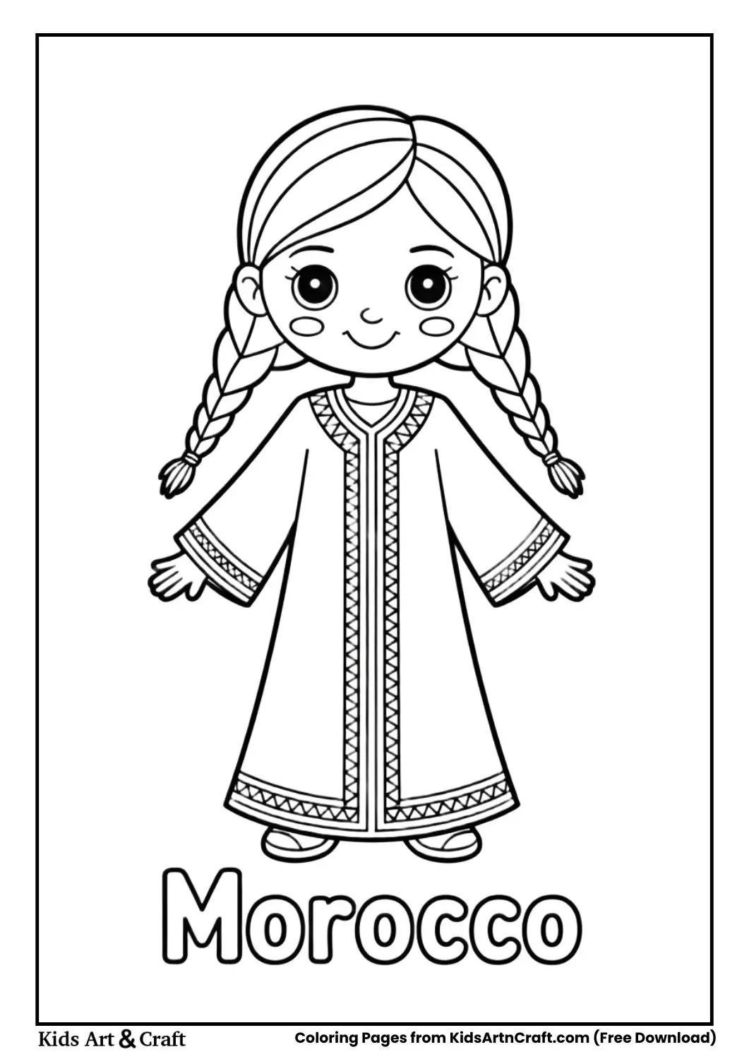 Girl wearing Moroccan kaftan traditional dress coloring page with country name Morocco