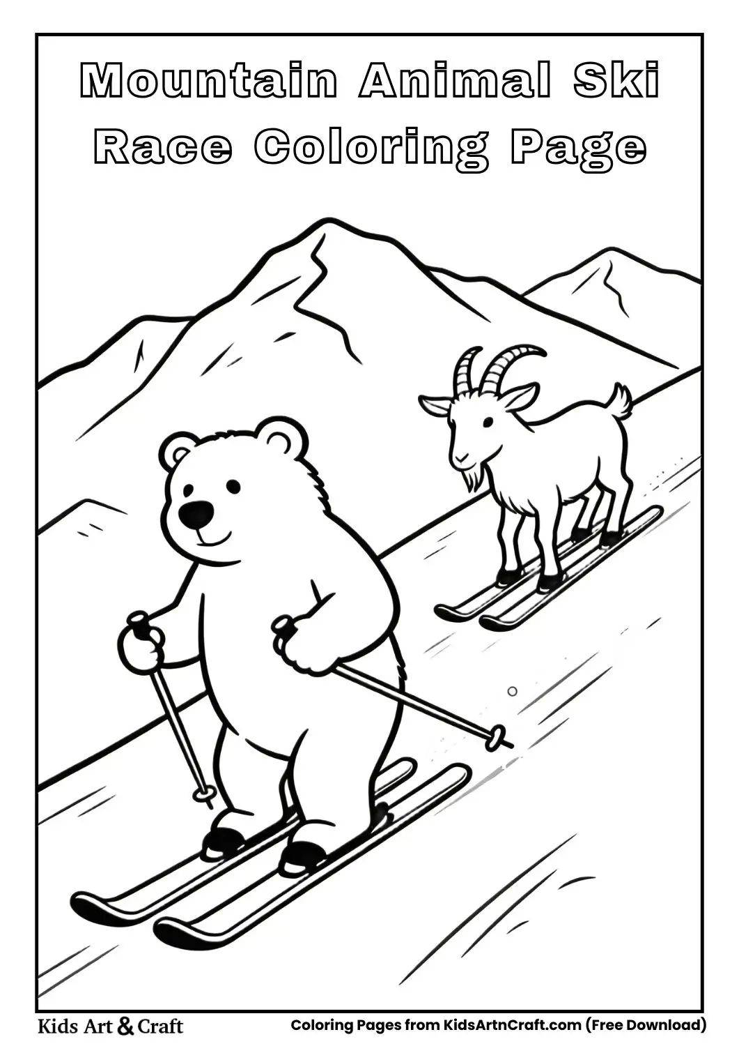 Bears and goats skiing downhill in simple snowy scene