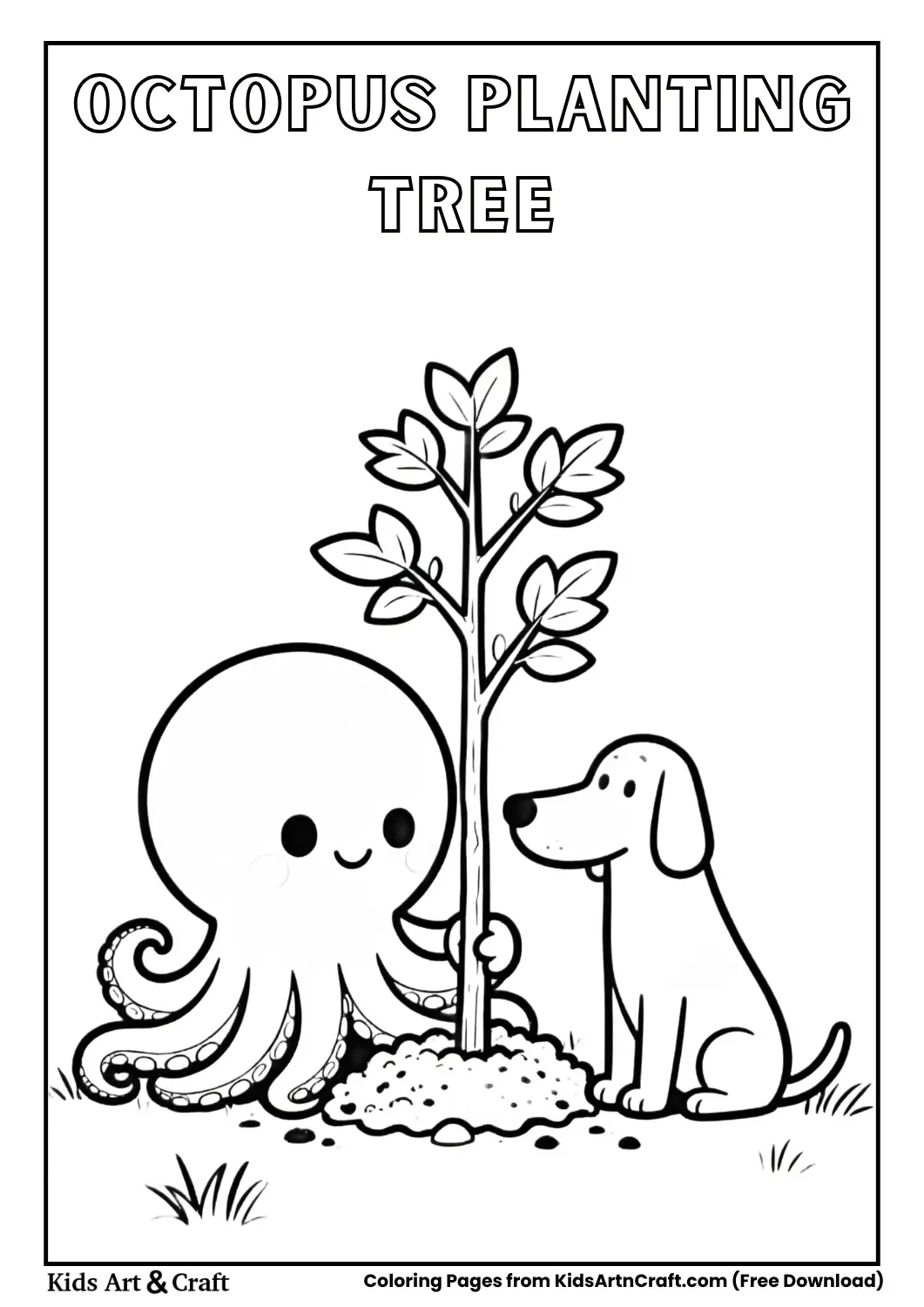 Octopus planting tree with sausage dog beside plant coloring page