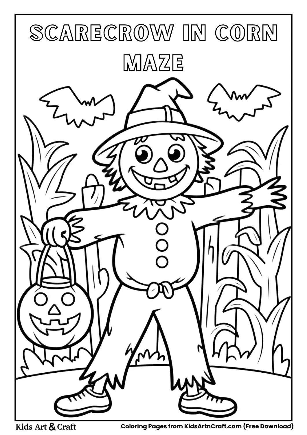 Scarecrow in corn maze holding lantern Halloween coloring page