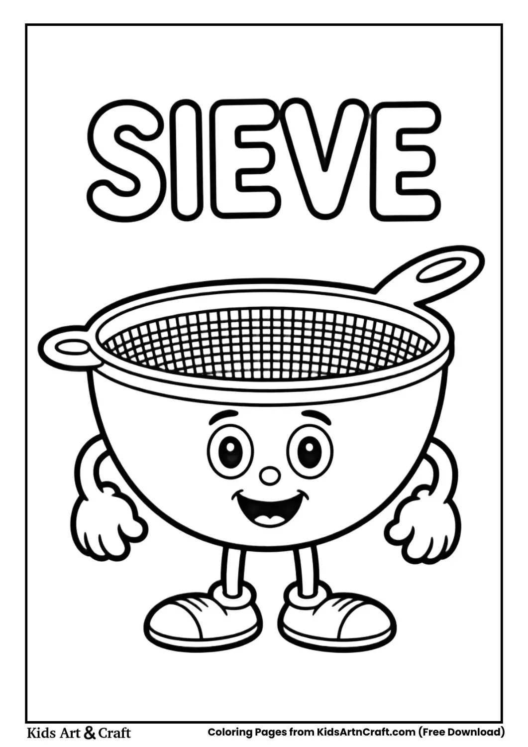 Cartoon sieve black and white coloring page with the word SIEVE on top