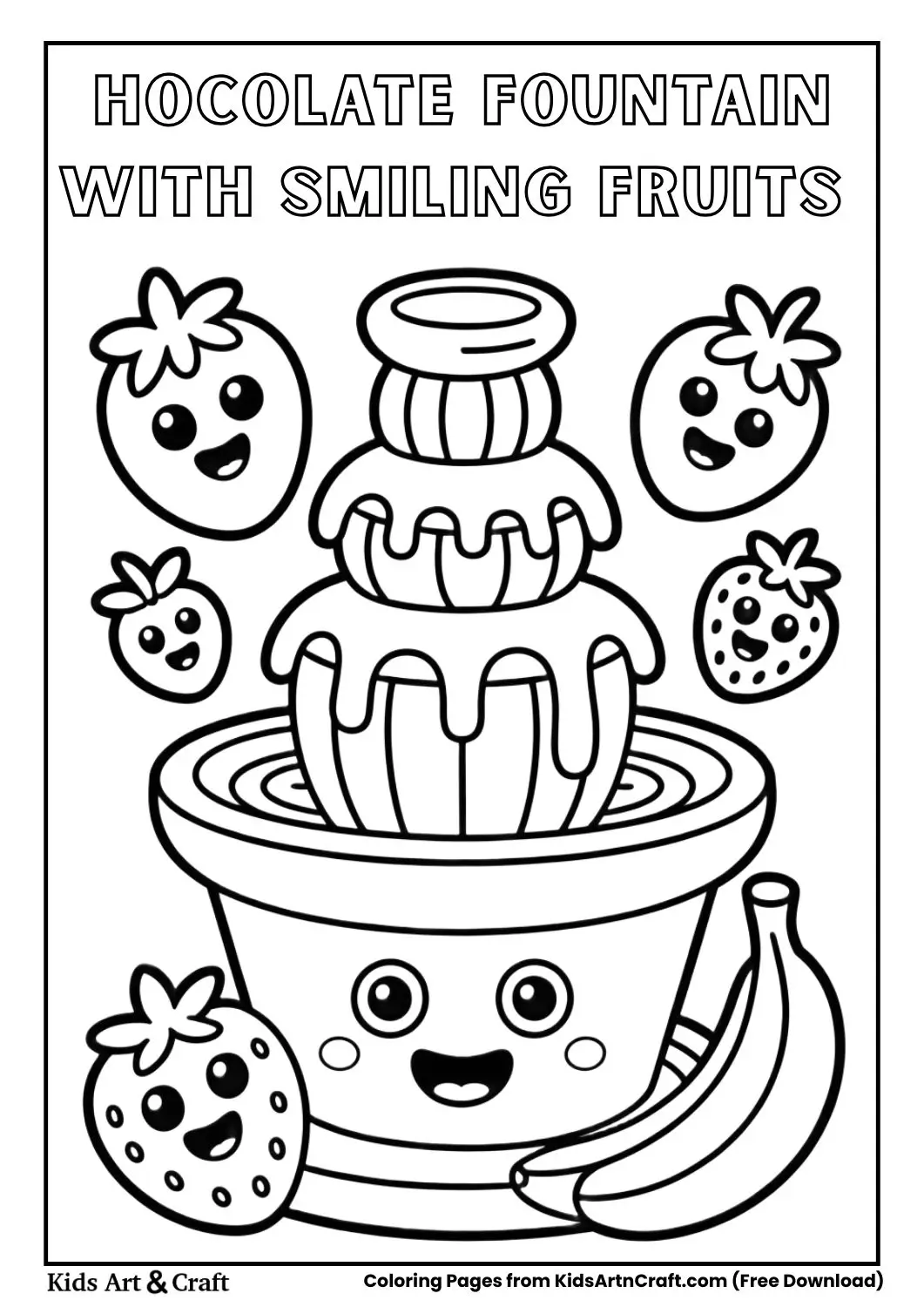 Chocolate fountain with smiling fruits coloring page