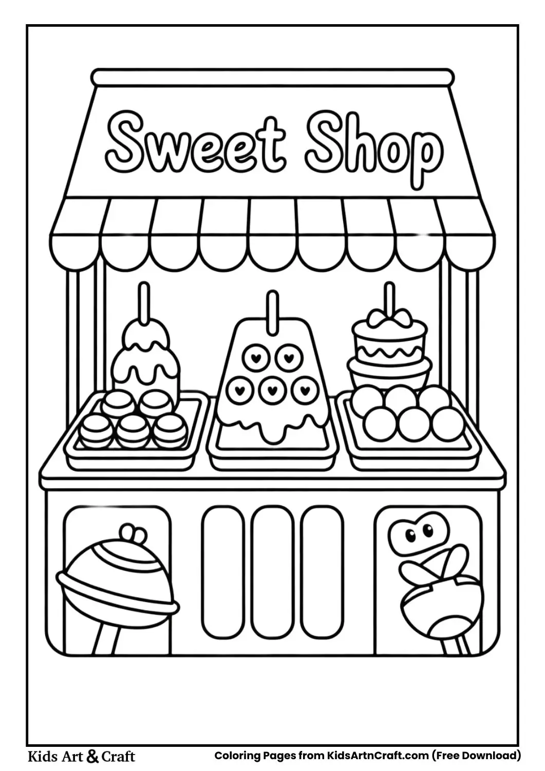 Sweet Shop coloring page with trays of sweets