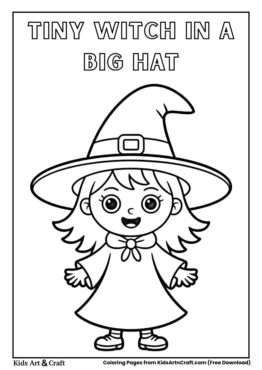 Tiny witch wearing oversized hat coloring page