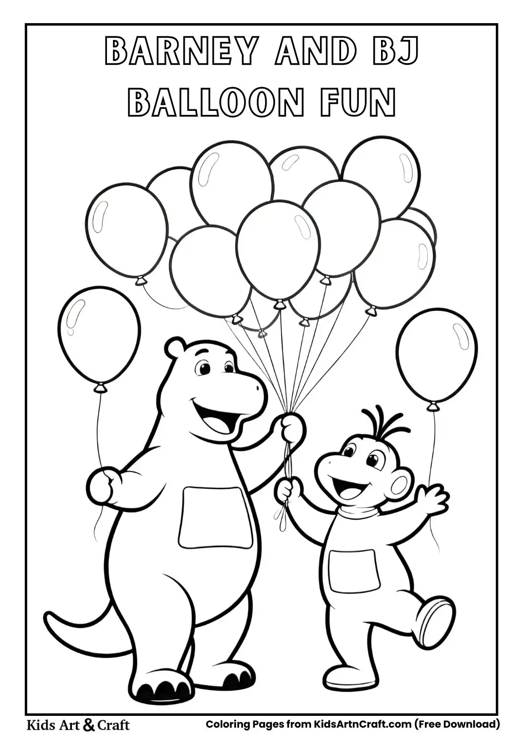 Barney and BJ playing with floating balloons cartoon coloring page
