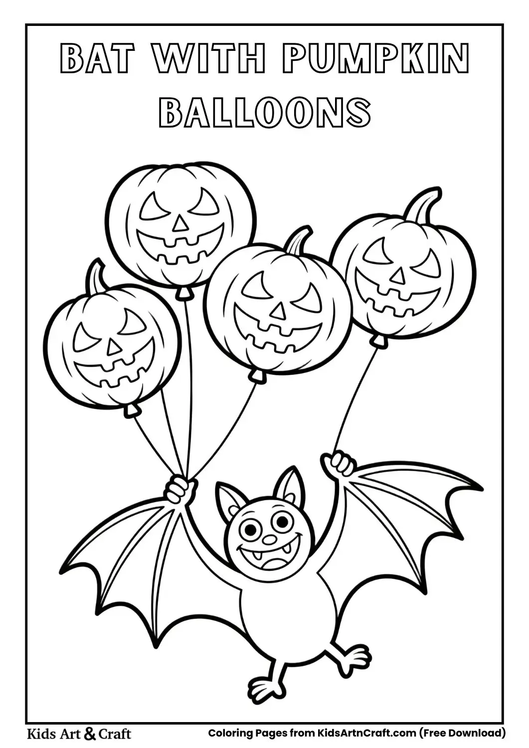 Bat flying with pumpkin shaped balloons Halloween coloring page