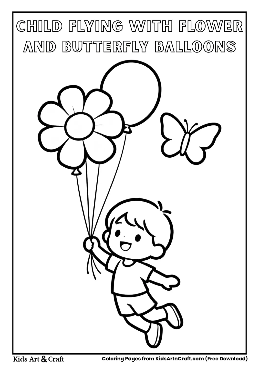 child flying with flower and butterfly shaped balloons black and white coloring page for kids