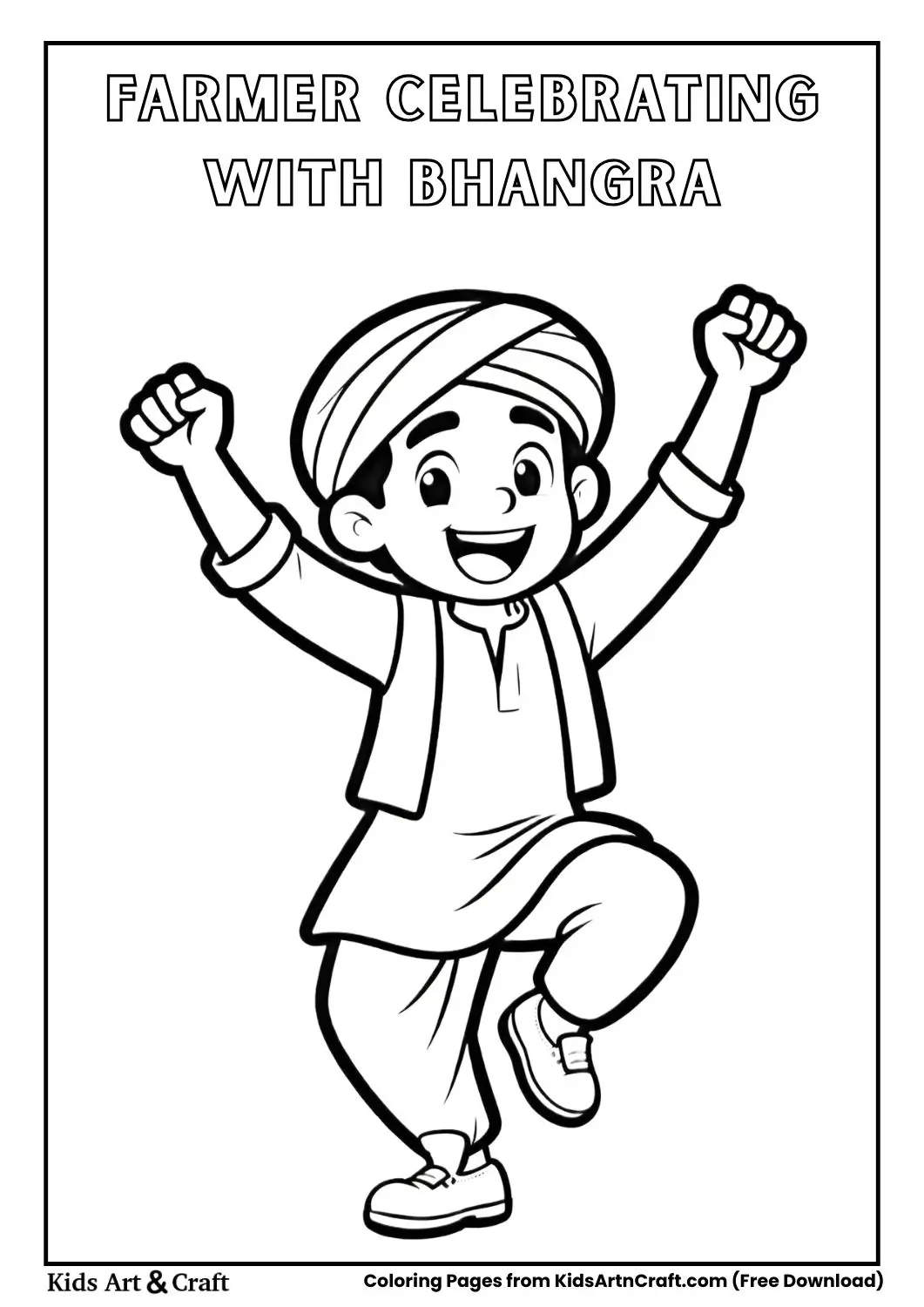 happy farmer doing bhangra dance coloring page
