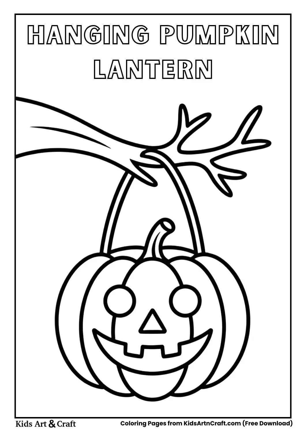 Hanging pumpkin lantern on tree branch Halloween coloring page