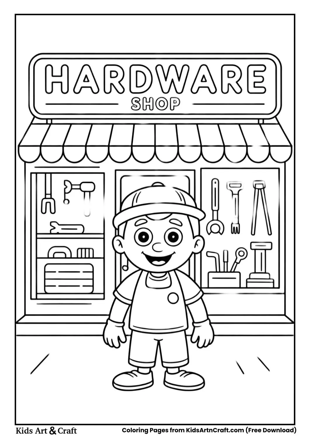Hardware Shop coloring page with tools in display window