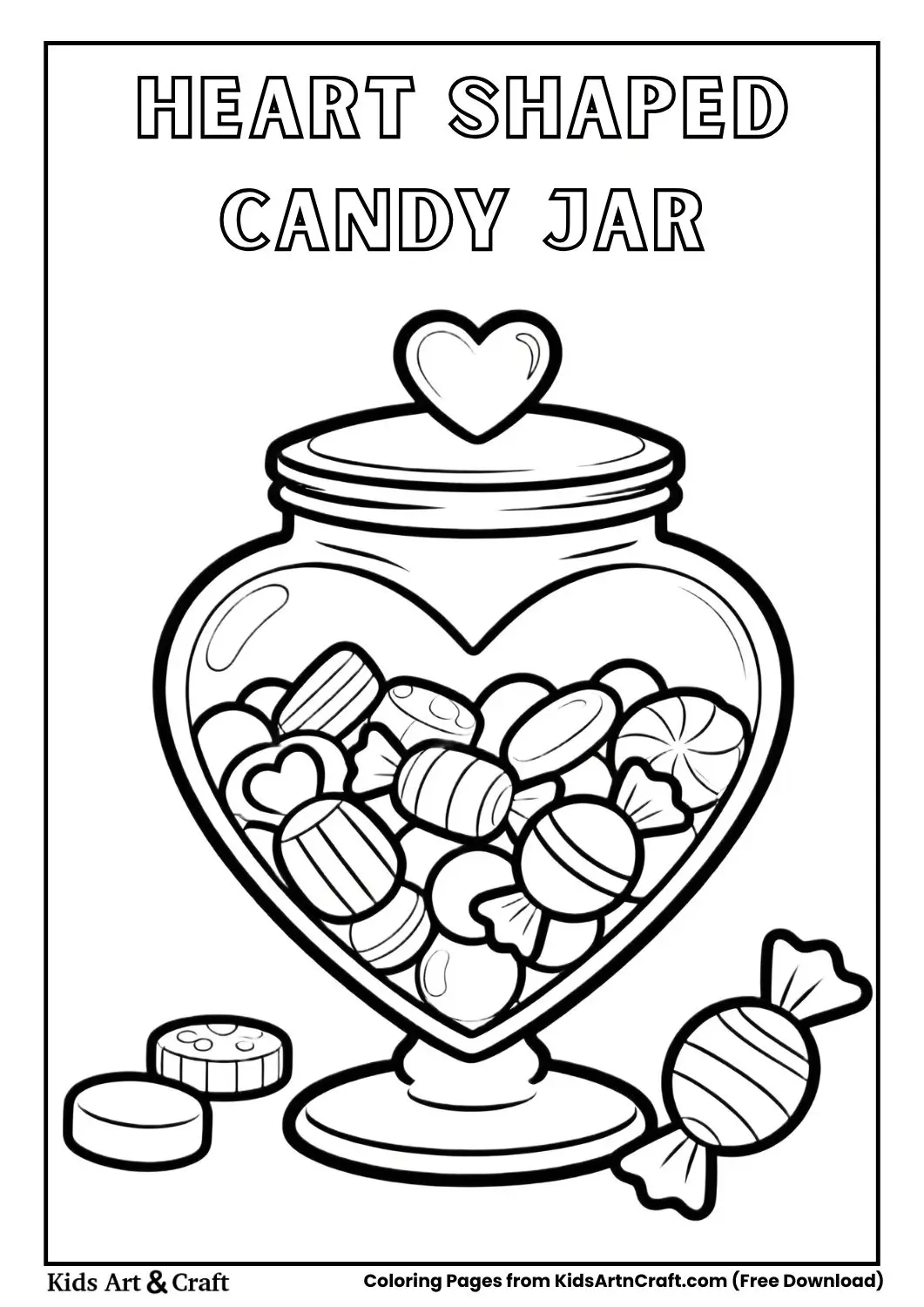 heart shaped candy jar filled with sweets coloring page