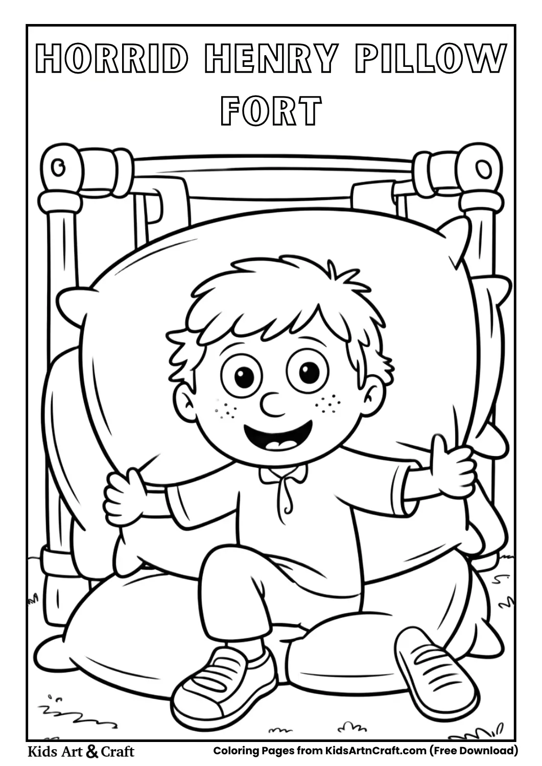 Horrid Henry building pillow fort cartoon coloring page