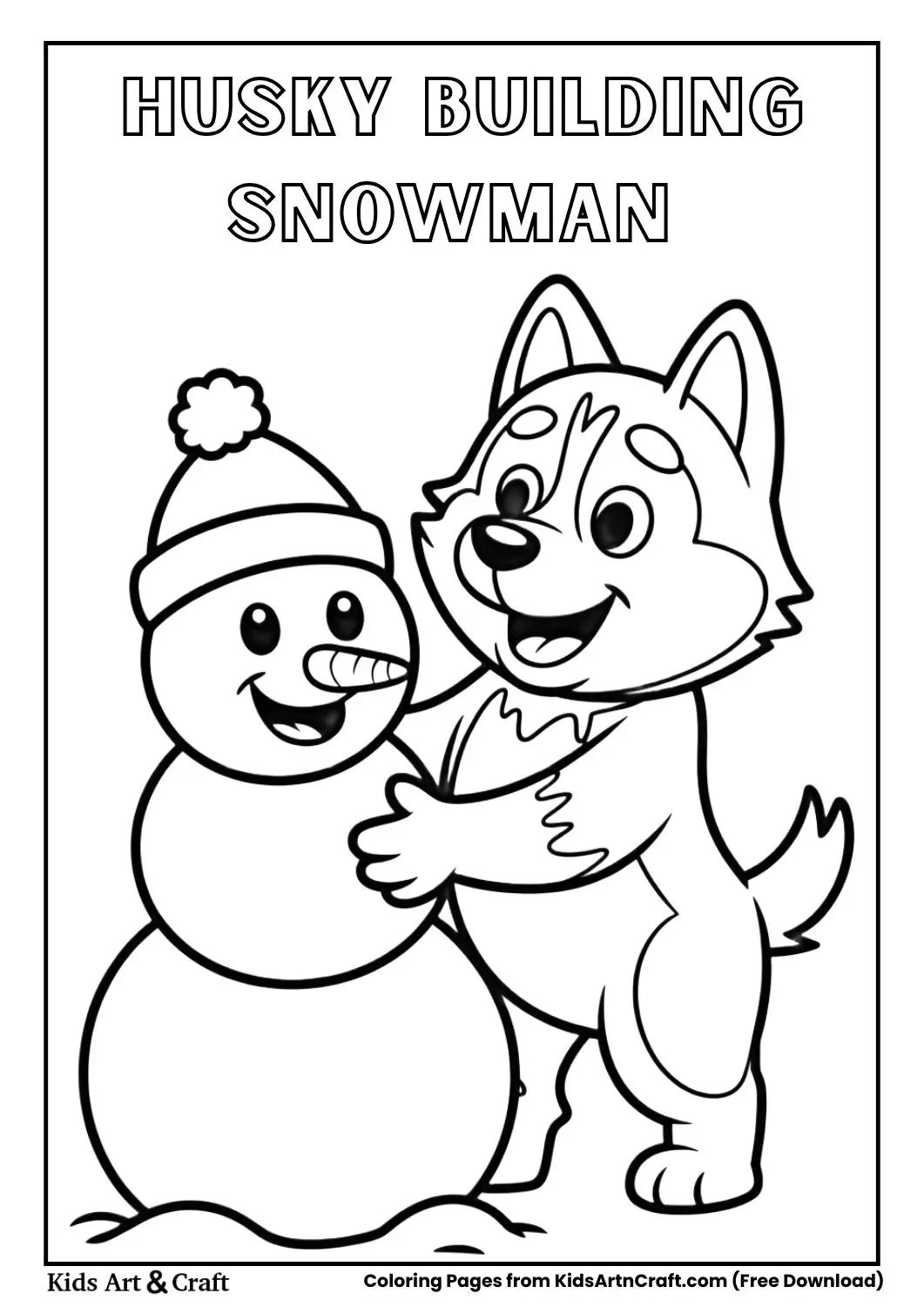 Husky building a snowman coloring page
