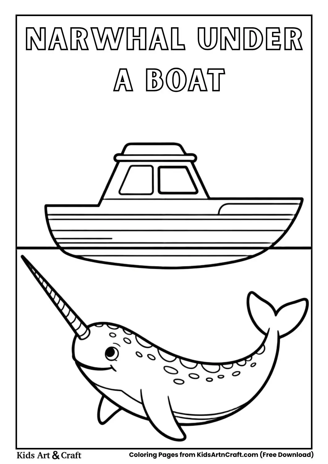 Narwhal under boat silhouette coloring page