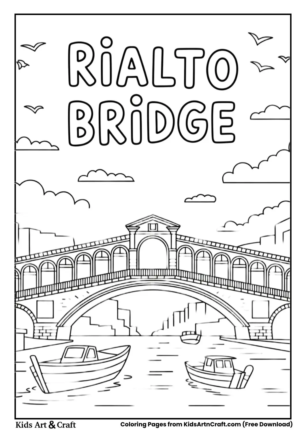 Rialto Bridge Venice coloring page with monument name in bubble letters