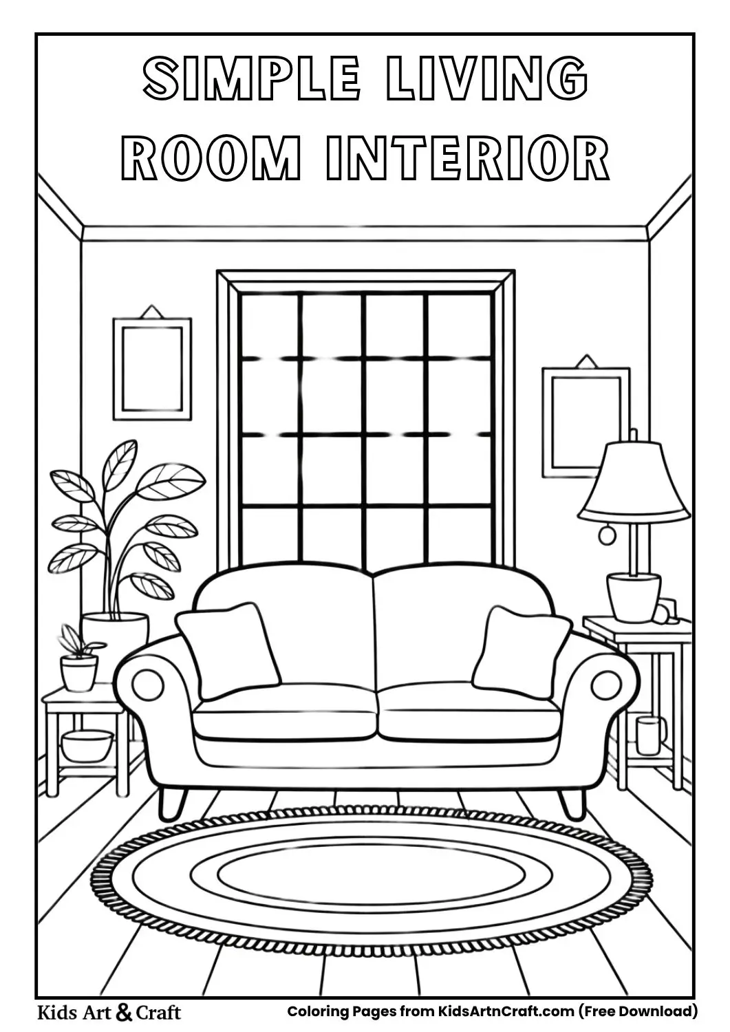 simple living room interior black and white coloring page with sofa table rug and plant