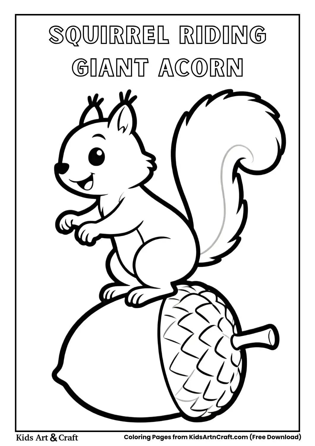 funny squirrel riding an acorn like a toy coloring page