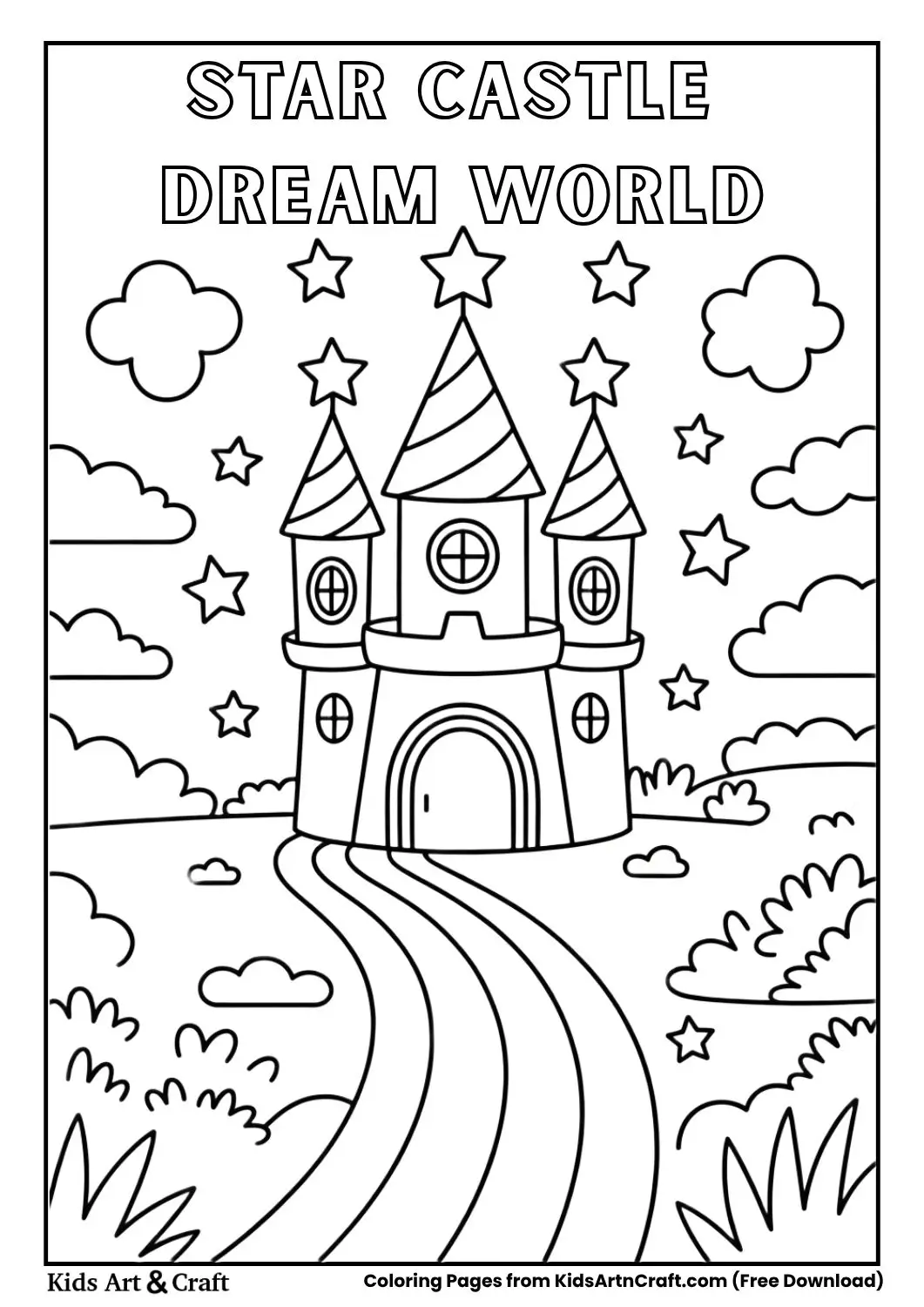 Dream world coloring page with a star-shaped castle and a rainbow path in simple black and white outlines