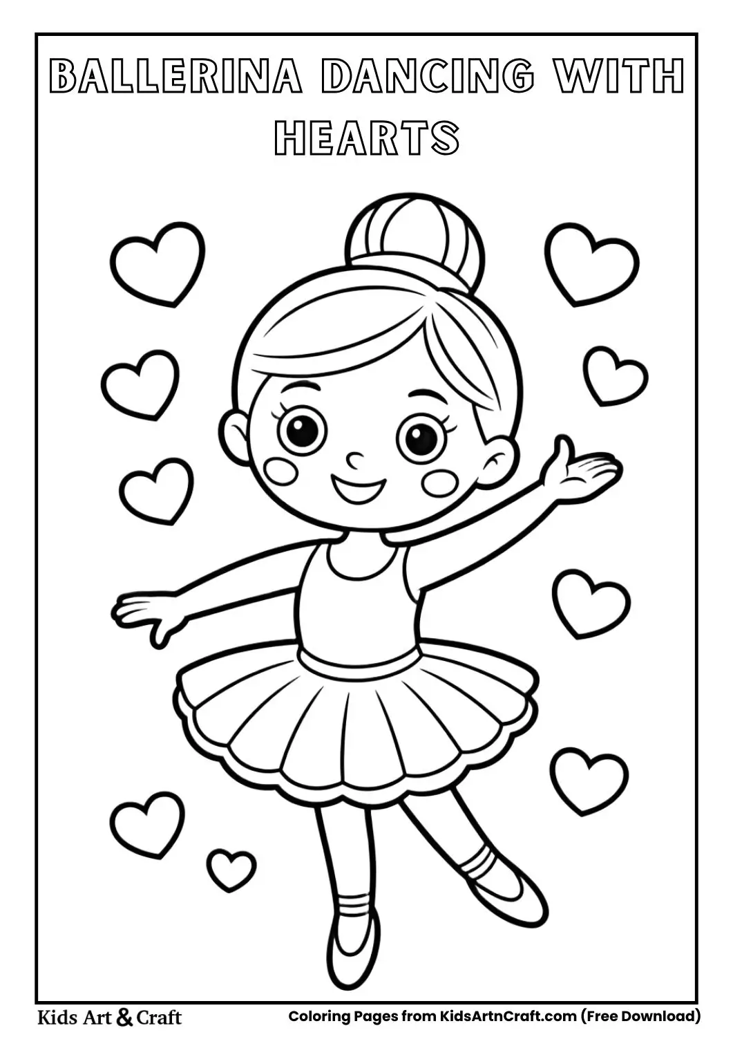 Cute ballerina dancing with hearts floating around her coloring page