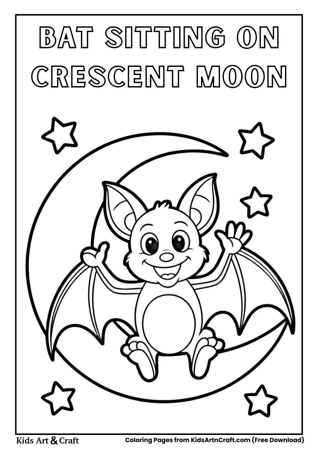 Cute bat sitting on crescent moon coloring page