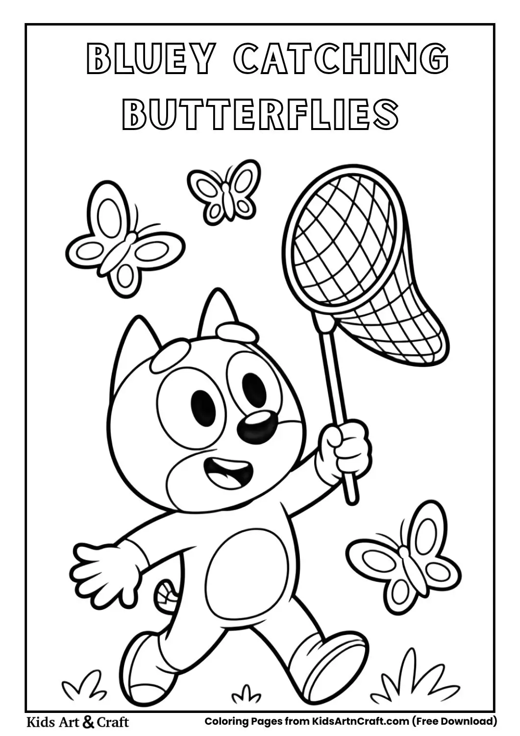 Bluey catching butterflies with net coloring page