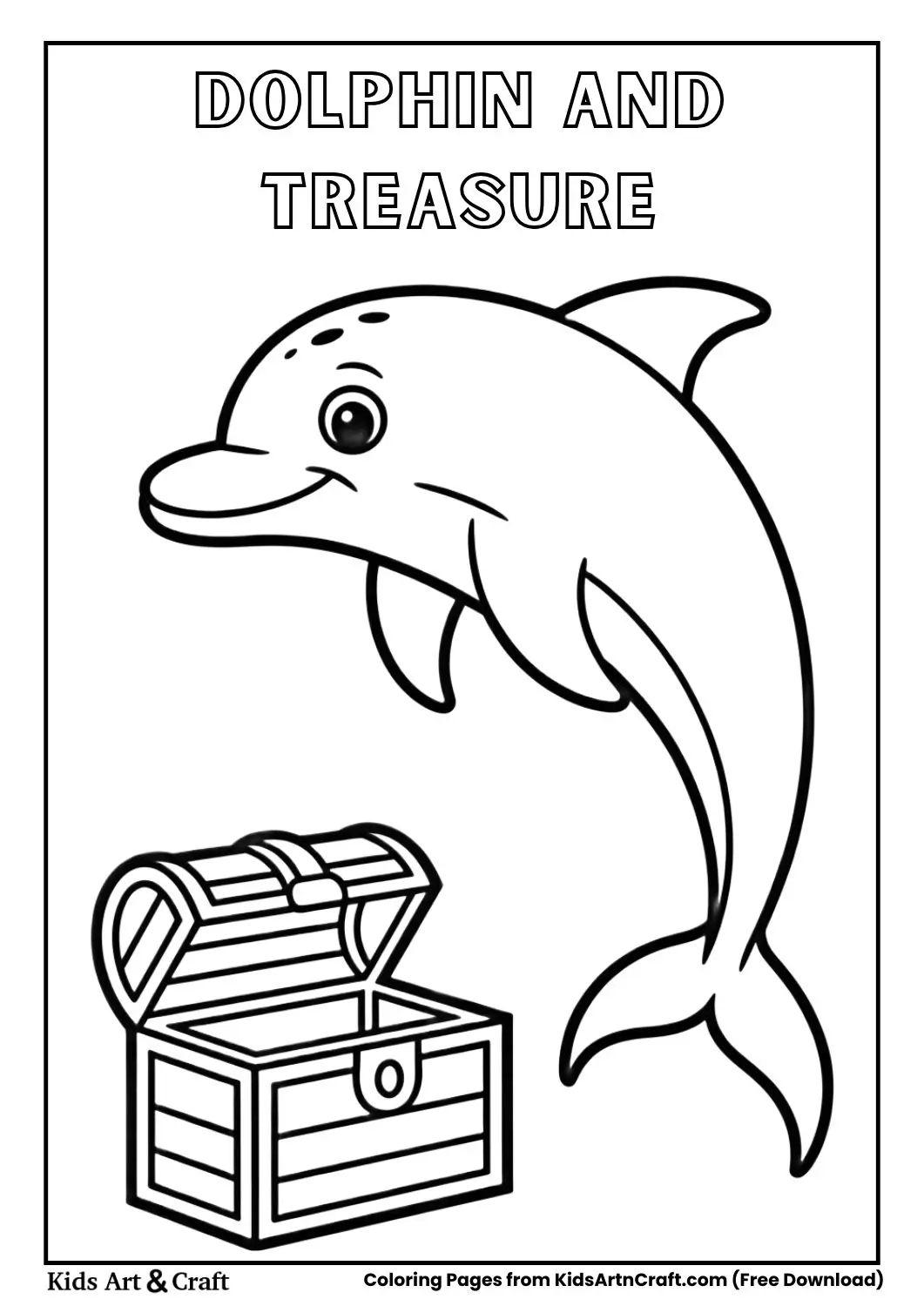 Dolphin near treasure chest underwater coloring page
