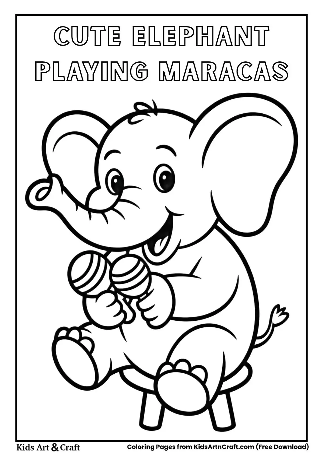 Black and white coloring page of an elephant sitting on a perch and shaking maracas.